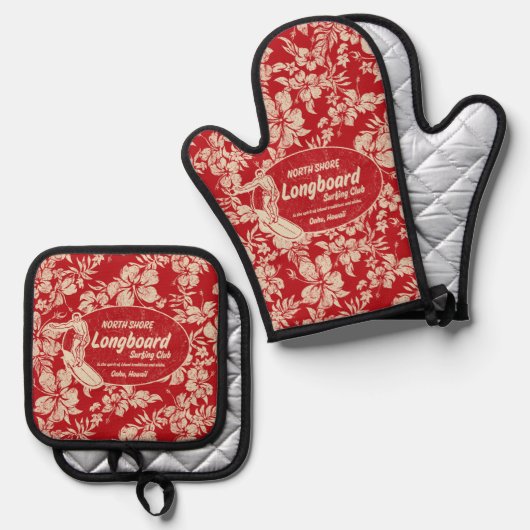 Club Surfen Longboard Logo Hibiscus Hawaïaans Rood Ovenwant & Pannenlap Set (Voorkant / Achterkant)
