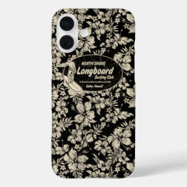 Club Surfing Longboard Hibiscus Hawaiian Black iPhone 16 Plus Hoesje