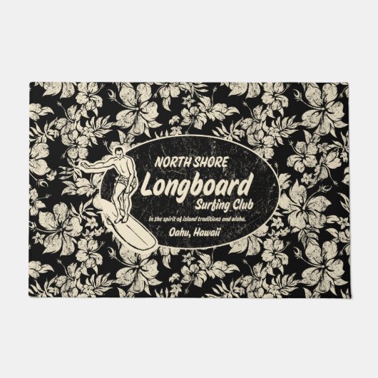 Club Surfing Longboard Logo en Hibiscus Black Deurmat (Voorkant)