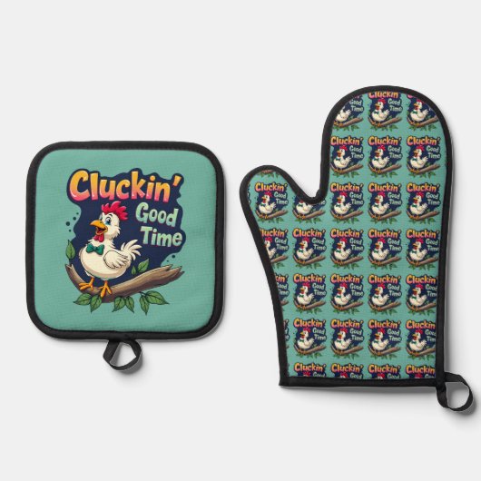 Cluckin' Good Time Grappige Kip Illustratie Ovenwant & Pannenlap Set (Voorkant)
