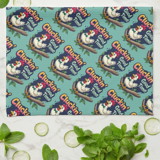 Cluckin' Good Time Grappige Kip Illustratie Theedoek (Gevouwen)