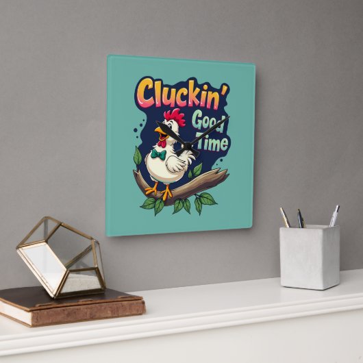 Cluckin' Good Time Grappige Kip Illustratie Vierkante Klok (Kantoor)