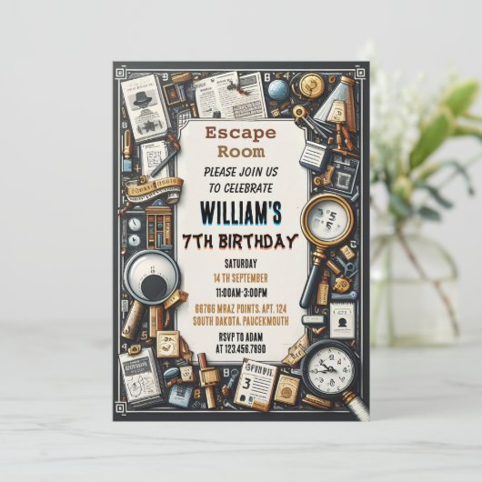 Clue Spy Escape Room 7e Verjaardag uitnodiging (Staand voorkant)