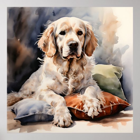 Clumber Spaniel Loungen op Kussens Inktportret Poster (Voorkant)