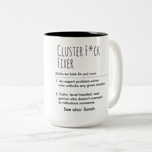 Cluster F*ck Fixer Funny Definition Custom Name Tweekleurige Koffiemok (Voorkant rechts)