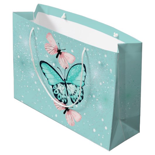 Cluster van blauwe en roze vlinders groot cadeauzakje (Achterkant Gekanteld)