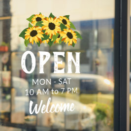 Cluster van heldere zonnebloemen Open uren Welkom Raamsticker