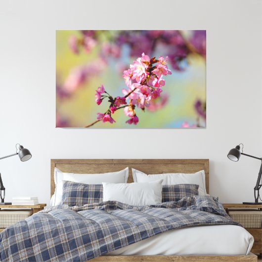 Cluster van Sakura-bloesems op groen, blauw, Paars Canvas Afdruk (Insitu (Slaapkamer))