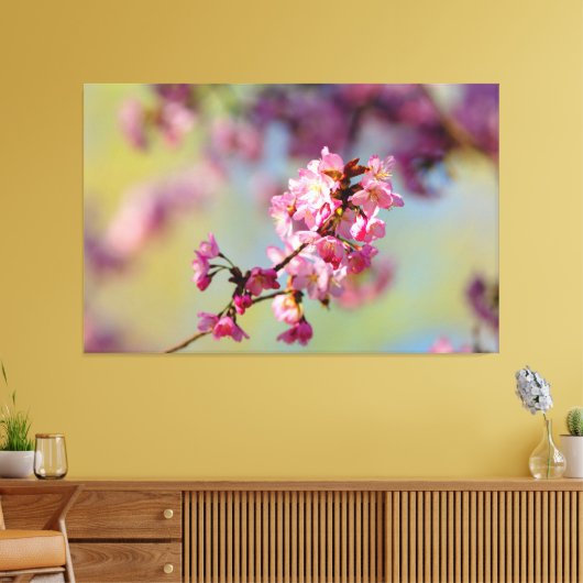 Cluster van Sakura-bloesems op groen, blauw, Paars Canvas Afdruk (Insitu (Woonkamer))