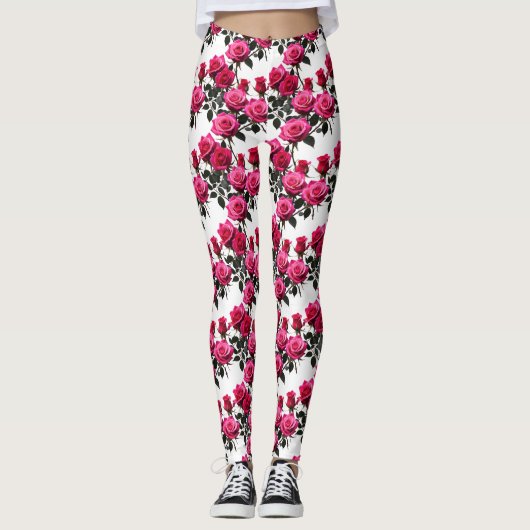 Clustered Red And Pink Roses On A Stark White  Leggings (Voorkant)