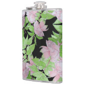 clusters van  roze bloemen en bladbloemen  heupfles (Links)