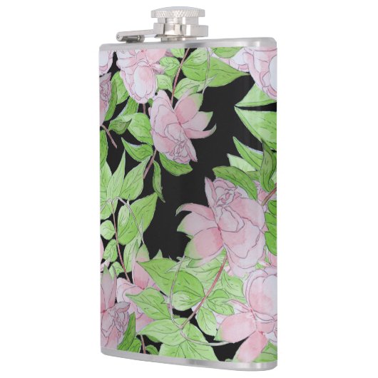 clusters van  roze bloemen en bladbloemen  heupfles (Links)