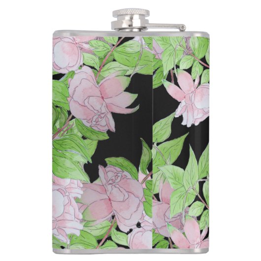 clusters van  roze bloemen en bladbloemen  heupfles (Achterkant)