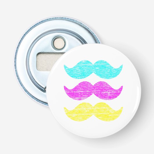 CMY Mustaches (letterdrukstijl) Button Flesopener (Voorkant)