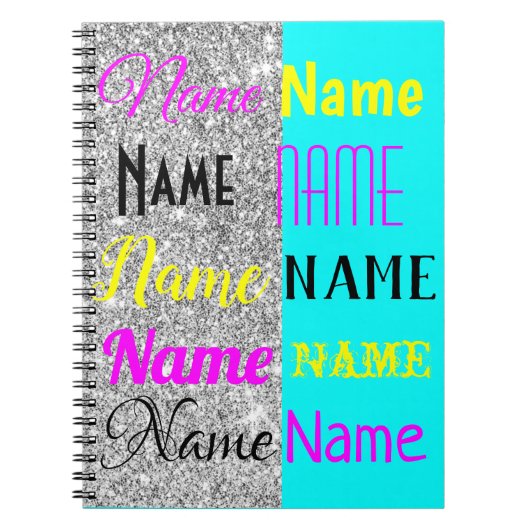 CMYK Cyaan en zilveren glitter gepersonaliseerd ge Notitieboek (Voorkant)