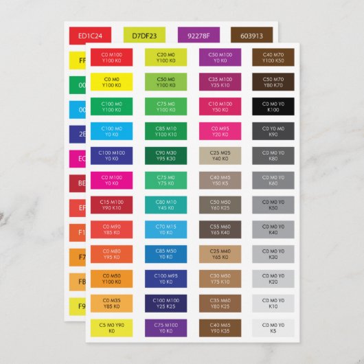 CMYK- en Hex Code Kleurvoorbeelden (Voorkant / Achterkant)