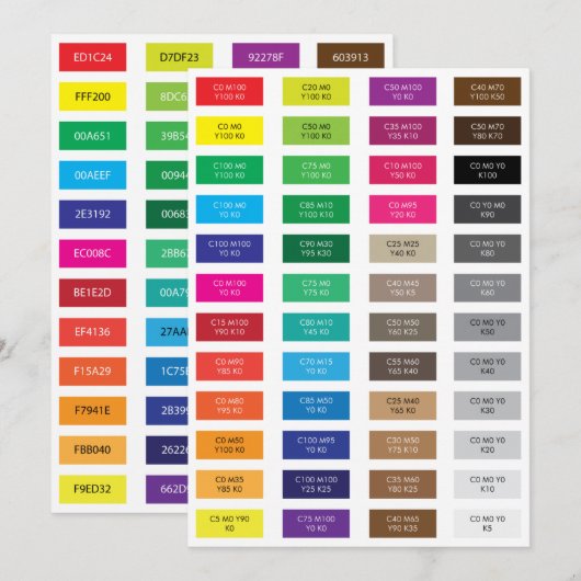 CMYK- en hexadecimale kleurvoorbeelden (Voorkant / Achterkant)