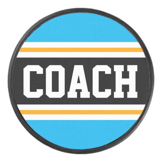 COACH Sky Blue Zwart Wit Geel Hockey Stripes Hockey Puck (Voorkant)