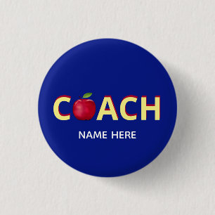 Coach-tekst met rode appel op blauw ronde button 3,2 cm