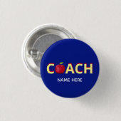 Coach tekst met rode appel op blauwe achtergrond ronde button 3,2 cm (Voorkant /achterkant)