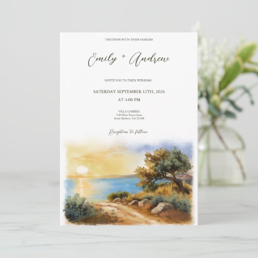 Coast Watercolor Sunset Mediterranean Half Wedding Kaart (Staand voorkant)