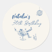 Coastal 30e Hand Getrokken Blauwe Koe Meisje Verja Ronde Sticker (Voorkant)