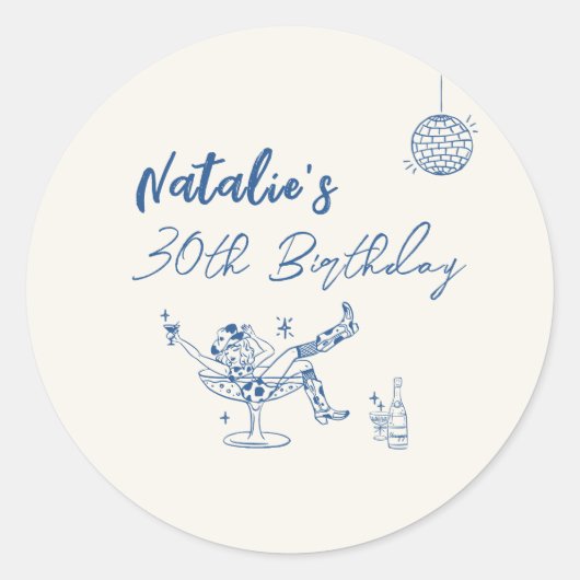 Coastal 30e Hand Getrokken Blauwe Koe Meisje Verja Ronde Sticker (Voorkant)