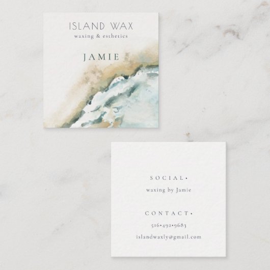 Coastal Aqua Blue Zee Waves Zand Beach Waterverf Vierkante Visitekaartje (Voorkant / Achterkant)