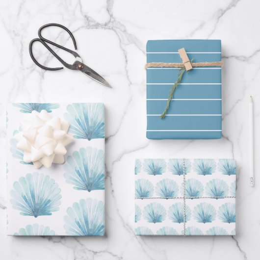 Coastal Aqua Scallop Seashell gepersonaliseerd Inpakpapier Vel (Voorkant)