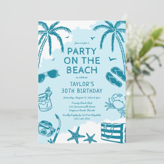 Coastal Beach Blue Doodle verjaardagsfeestje Kaart (Staand voorkant)