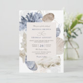 Coastal beach blue seashell qr code wedding kaart (Staand voorkant)
