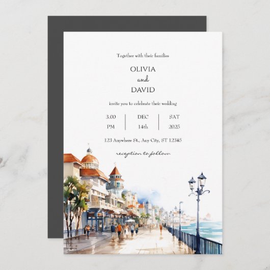 Coastal Beach Boardwalk Town City Scène bruiloft Kaart (Voorkant / Achterkant)