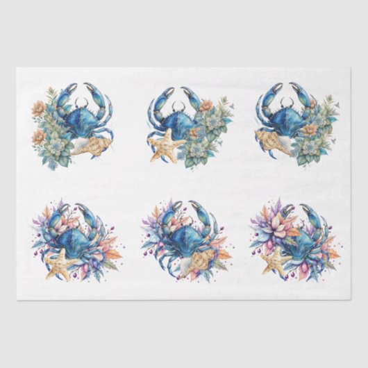 Coastal Beach Floral Blue Crab & Shells Decoupage  Tissuepapier (Voorkant)