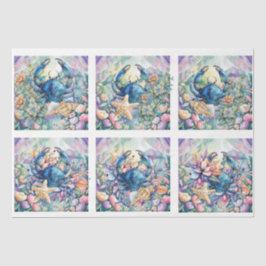 Coastal Beach Floral Blue Crab & Shells Decoupage  Tissuepapier