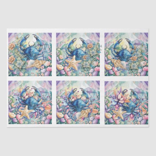 Coastal Beach Floral Blue Crab & Shells Decoupage  Tissuepapier (Voorkant)