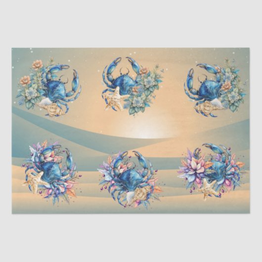 Coastal Beach Floral Blue Crab & Shells Decoupage  Tissuepapier (Voorkant)