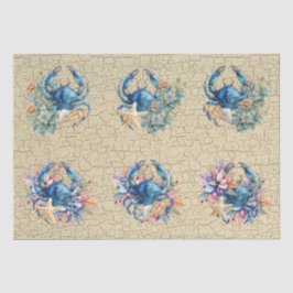 Coastal Beach Floral Blue Crab & Shells Decoupage  Tissuepapier