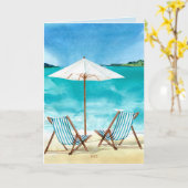 Coastal Beach Ocean Scene met strandstoelen Kaart (Gele Bloem)