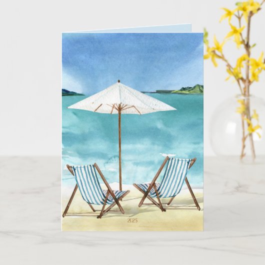 Coastal Beach Ocean Scene met strandstoelen Kaart (Gele Bloem)