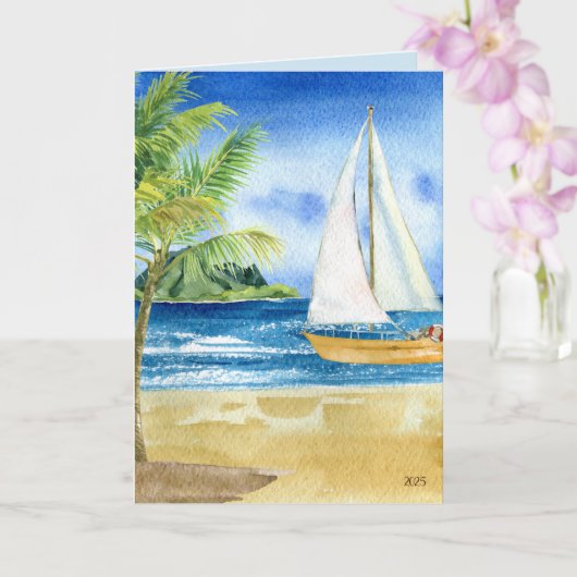 Coastal Beach Ocean Scene met zeilboot Kaart (Orchidee)