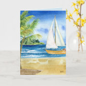 Coastal Beach Ocean Scene met zeilboot Kaart (Gele Bloem)