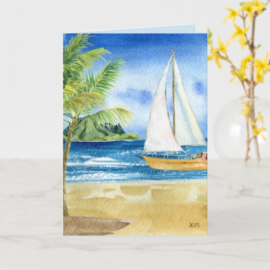Coastal Beach Ocean Scene met zeilboot Kaart (Gele Bloem)