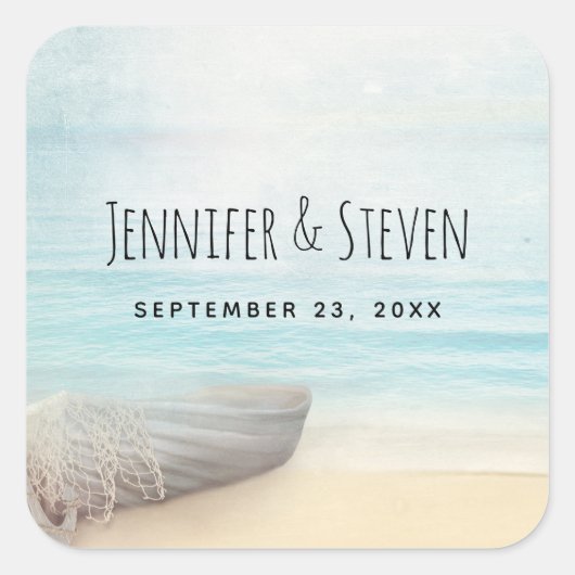 Coastal Beach Scene Bruiloft Save the Date Vierkante Sticker (Voorkant)
