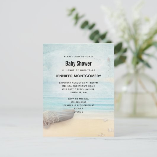 Coastal Beach Scene met Boot & Vuurtoren Invitat Uitnodiging Briefkaart (Staand voorkant)