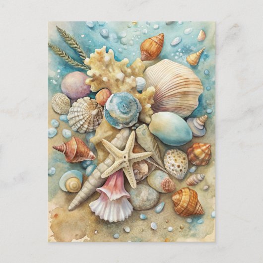 Coastal Beach Seashells Starfish Watercolor Art Briefkaart (Voorkant)