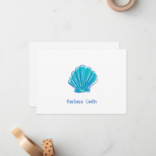 Coastal Beach Shell Blauw Bedankt Custom Notitiekaartje (Voorkant / Achterkant in situ)