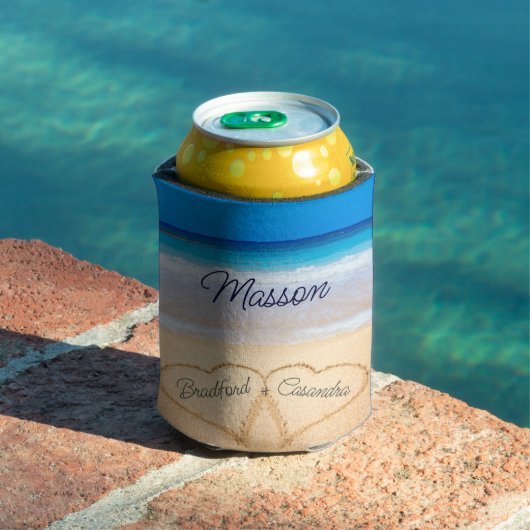 Coastal Beach Wedding Hearts in Sand Custom Name Blikjeskoeler (Insitu Zwembad)