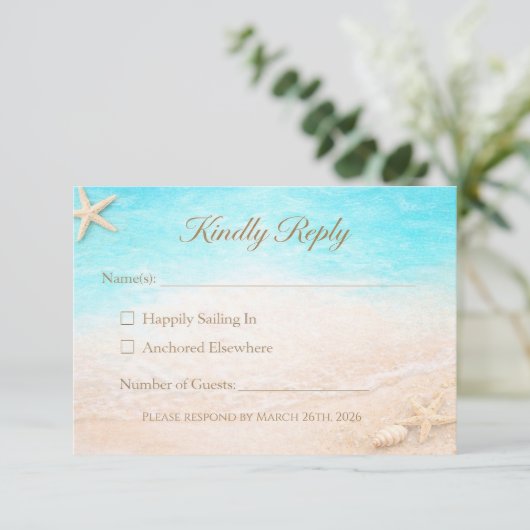 Coastal Beach Wedding RSVP Card Starfish Kaartje (Staand voorkant)