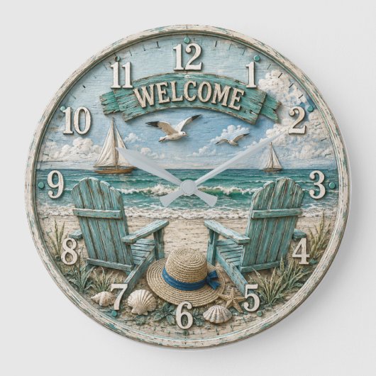 Coastal Beach Welcome Nautical Ocean Decor Grote Klok (Voorkant)
