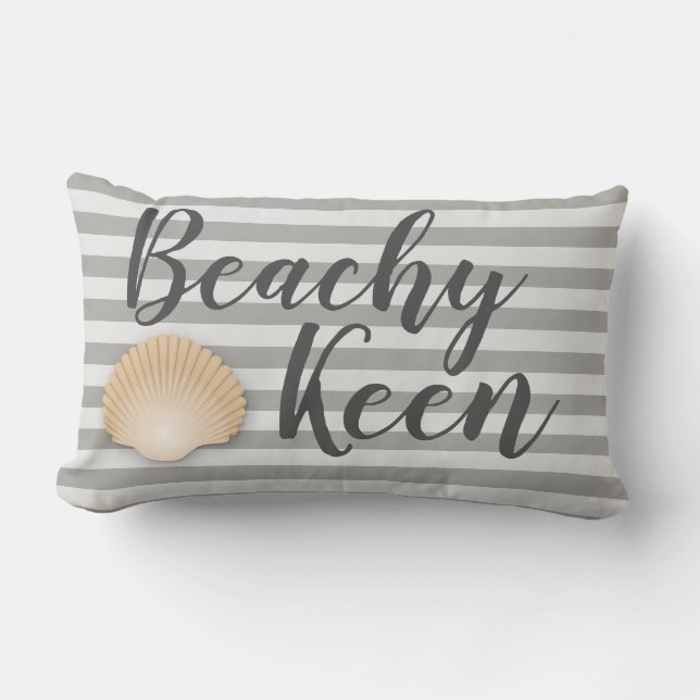 Coastal Beachy Keen Grey Stripes & Tan Seashell Kussen (Voorkant)